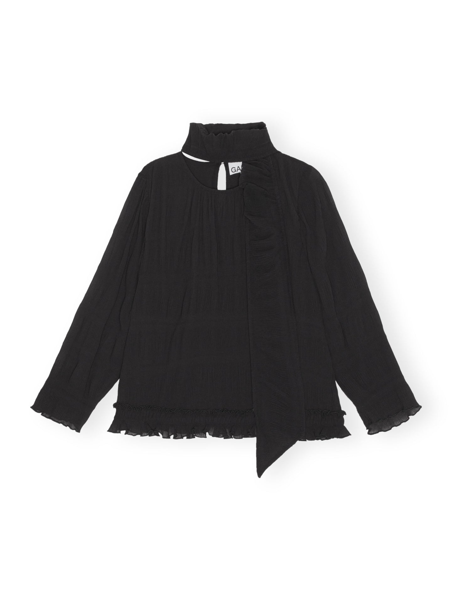 GANNI Schwarze Bluse mit plissiertem Georgette-Schal